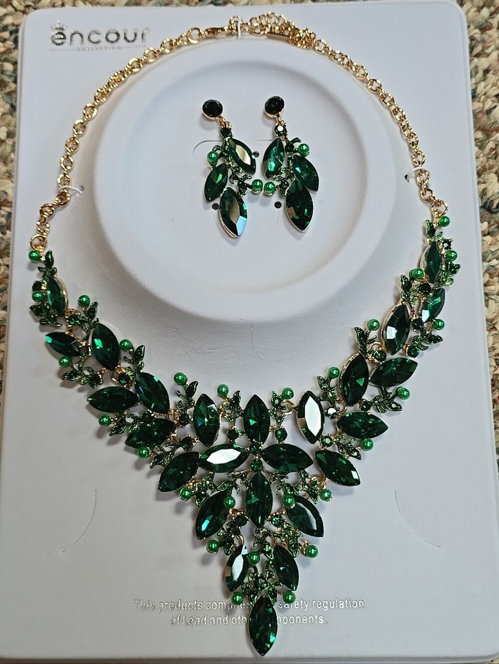 Emerald Agreen Crystal Rhinestone Necklace Earrings Set Costume Jewelry Prom